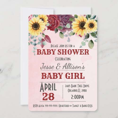 Rustic Sunflower Rose Floral Baby Shower  Invitat Invitation