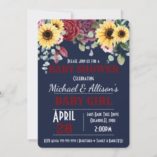 Rustic Sunflower Rose Floral Baby Shower  Invitat Invitation