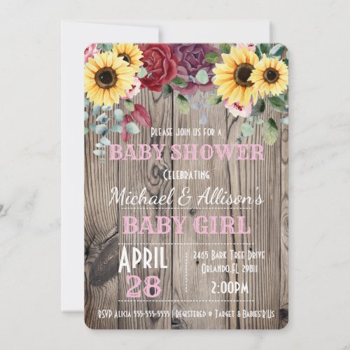 Rustic Sunflower Rose Floral Baby Shower  Invitat Invitation