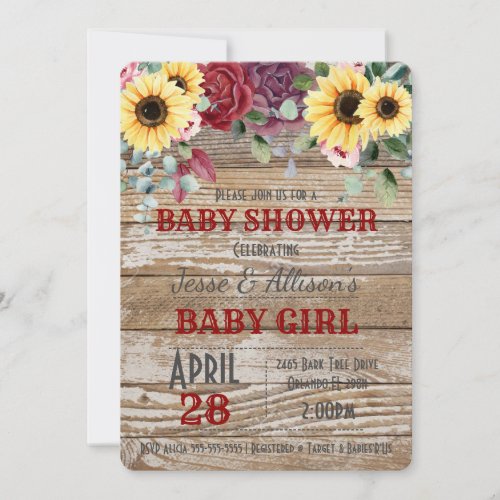 Rustic Sunflower Rose Floral Baby Shower  Invitat Invitation