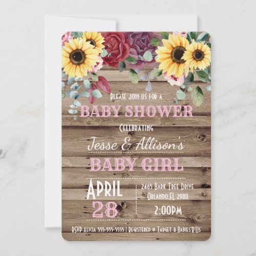 Rustic Sunflower Rose Floral Baby Shower  Invitation