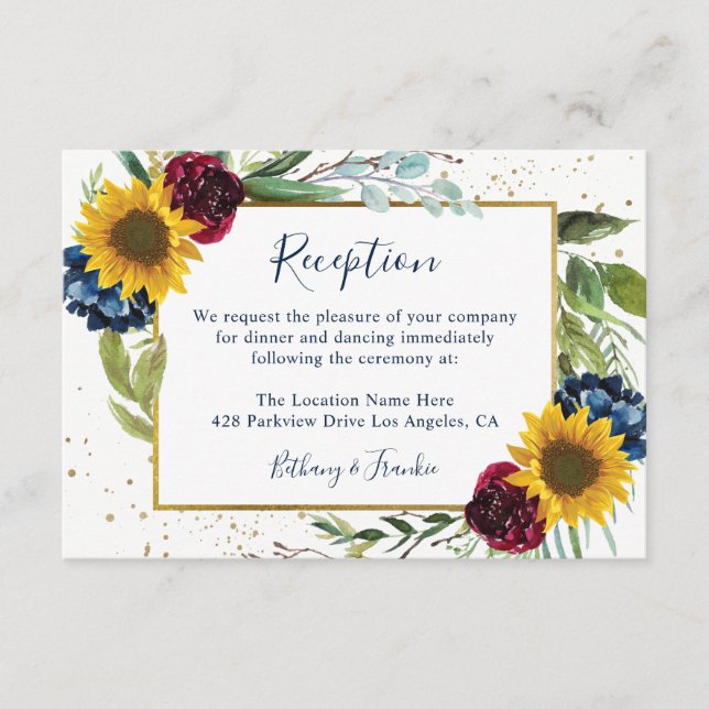 Rustic Sunflower Rose Floral Wedding Reception Enclosure Card (Front)