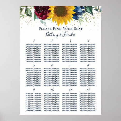 Rustic Sunflower Rose Floral Wedding Seating Chart