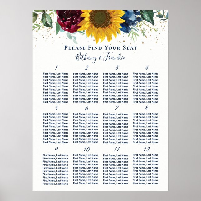 Rustic Sunflower Rose Floral Wedding Seating Chart (Front)