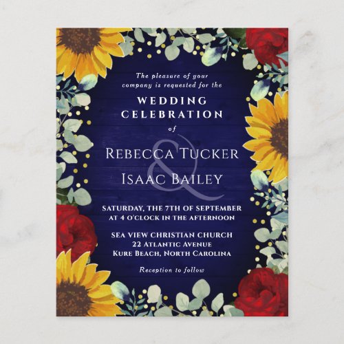 Rustic Sunflower Rose Navy Wood Wedding Invitation