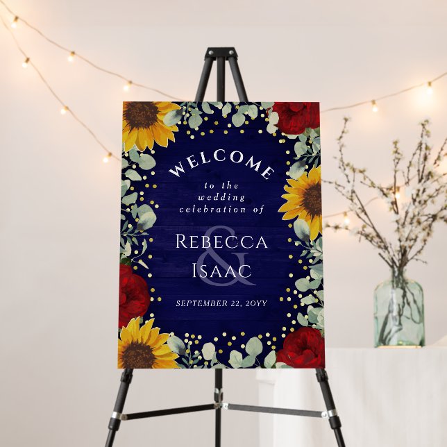 Rustic Sunflower Rose Navy Wood Wedding Welcome Foam Board (In Situ (Stand))