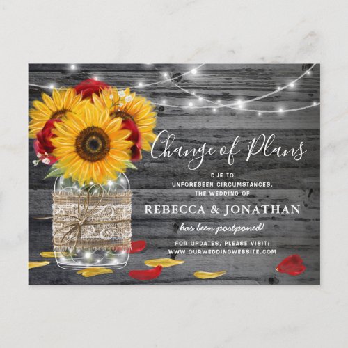 Rustic Sunflower Rose Wedding Change the Date Announcement Postcard