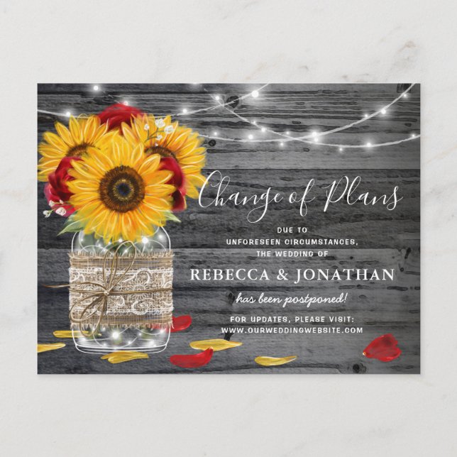 Rustic Sunflower Rose Wedding Change the Date Announcement Postcard (Front)