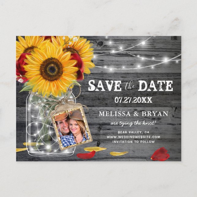 Rustic Sunflower Rose Wedding Photo Save the Date Announcement Postcard (Front)