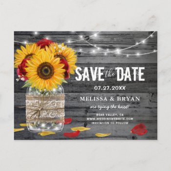 Rustic Sunflower Rose Wedding Wood Save The Date Announcement Postcard by Raphaela_Wilson at Zazzle