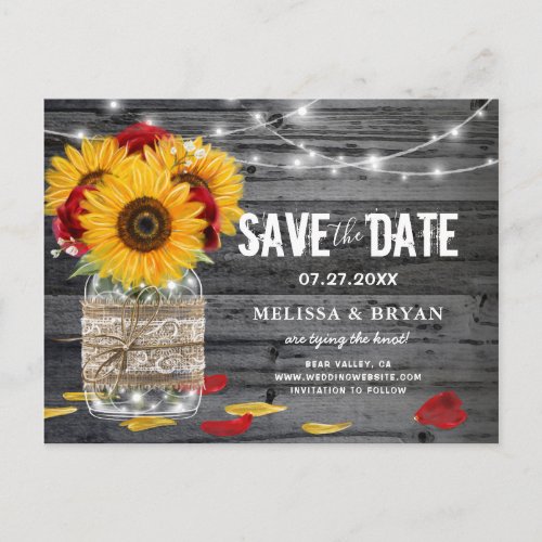 Rustic Sunflower Rose Wedding Wood Save the Date Announcement Postcard