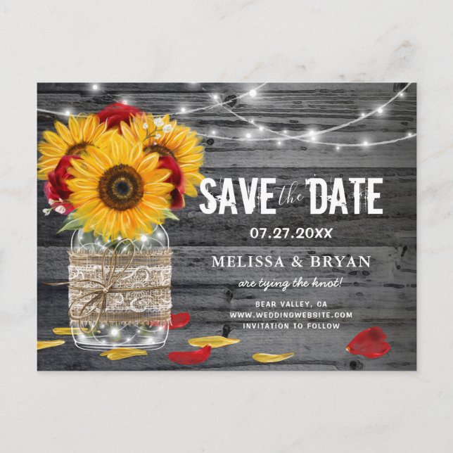 Rustic Sunflower Rose Wedding Wood Save the Date Announcement Postcard (Front)