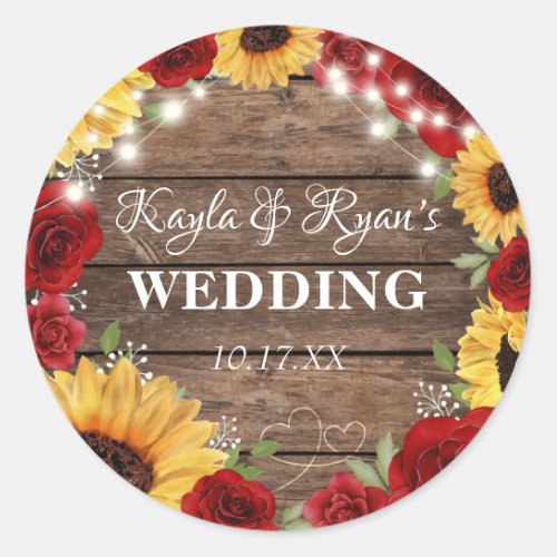 Rustic Sunflower Rose Wood Background Wedding Classic Round Sticker