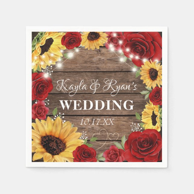 Rustic Sunflower Rose Wood Background Wedding Napkins (Front)