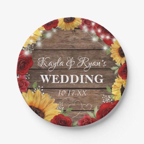 Rustic Sunflower Rose Wood Background Wedding Paper Plates