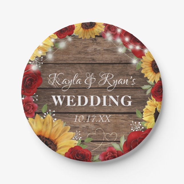 Rustic Sunflower Rose Wood Background Wedding Paper Plates (Front)