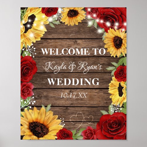 Rustic Sunflower Rose Wood Background Wedding Poster