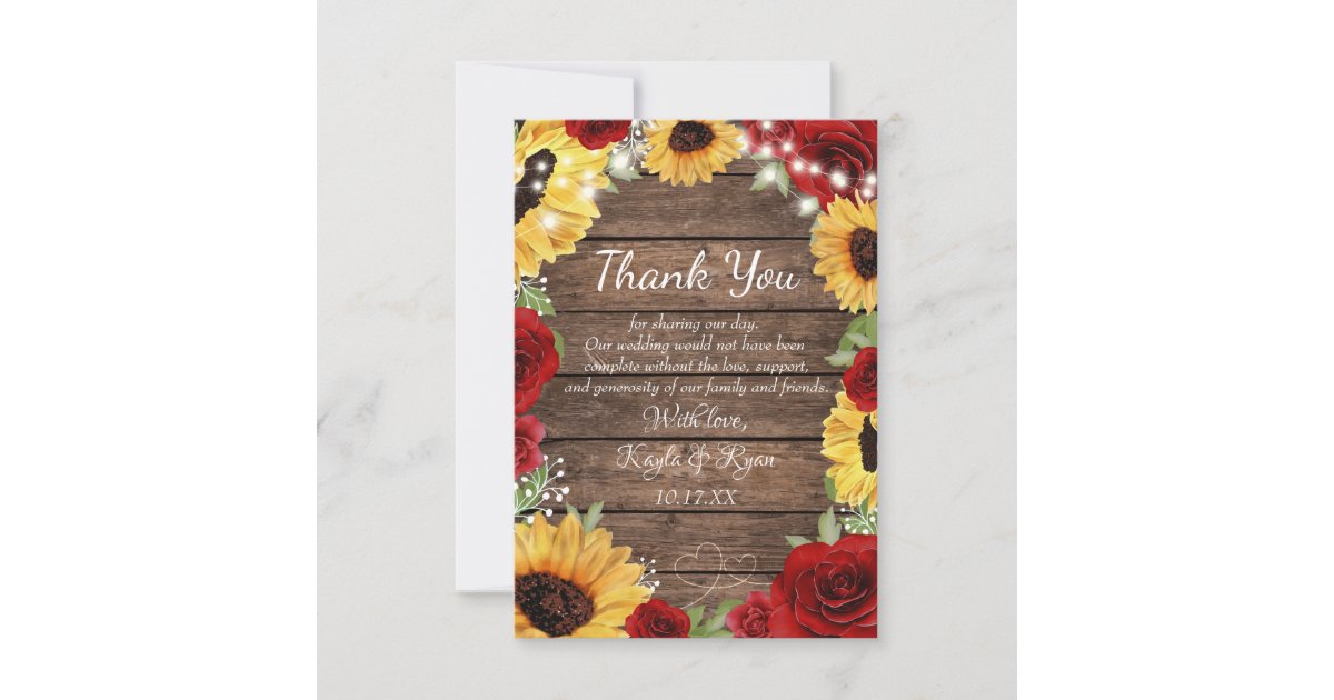 Rustic Sunflower Rose Wood Background Wedding Thank You Card | Zazzle