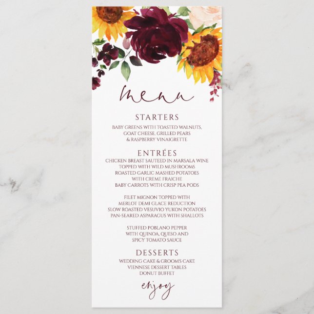 Rustic Sunflower Roses Burgundy Red Wedding Menu (Front)
