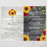 Rustic Sunflower Roses DIY Folded Wedding Program<br><div class="desc">Are sunflowers and red roses adding beauty to your wedding day? Here are DIY wedding programs that you can fold and easily personalize for your guests! The elegant watercolor floral design hand illustrated by Raphaela Wilson features burgundy roses along with golden yellow sunflowers arranged atop a gray vintage barn wood...</div>
