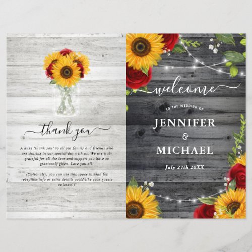 Rustic Sunflower Roses DIY Folded Wedding Program