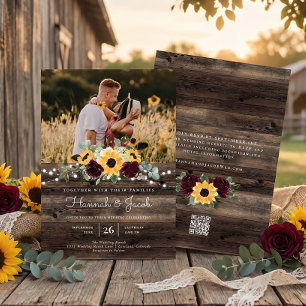 Rustic Sunflower Roses QR Code RSVP Wedding Invitation
