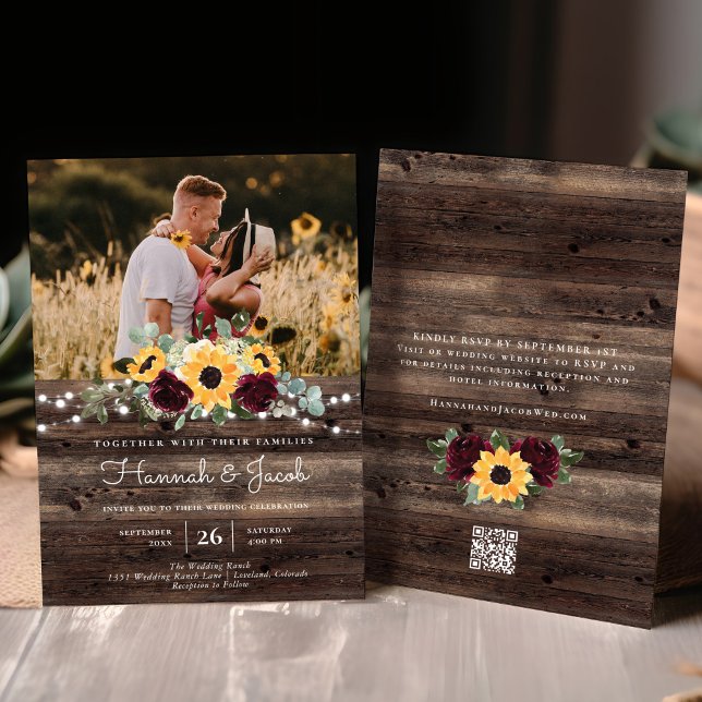 Rustic Sunflower Roses QR Code RSVP Wedding Invitation (Creator Uploaded)