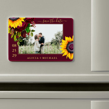 Rustic Sunflower Roses Script Save Date Wedding Magnet by invitations_kits at Zazzle