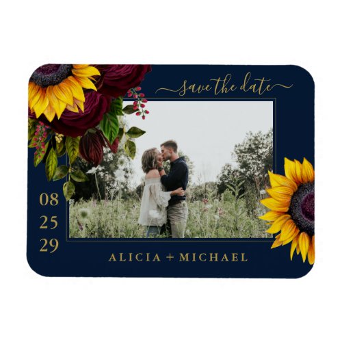 Rustic sunflower roses script save date wedding magnet