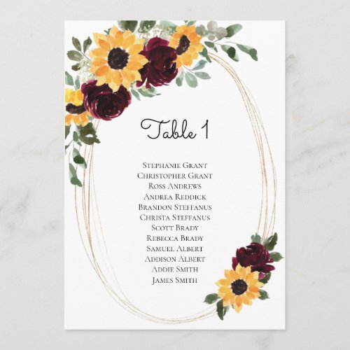 Rustic Sunflower Roses Table Number Seating Chart