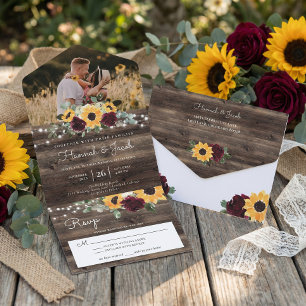 Rustic Sunflower Roses Wedding All In One Invitation