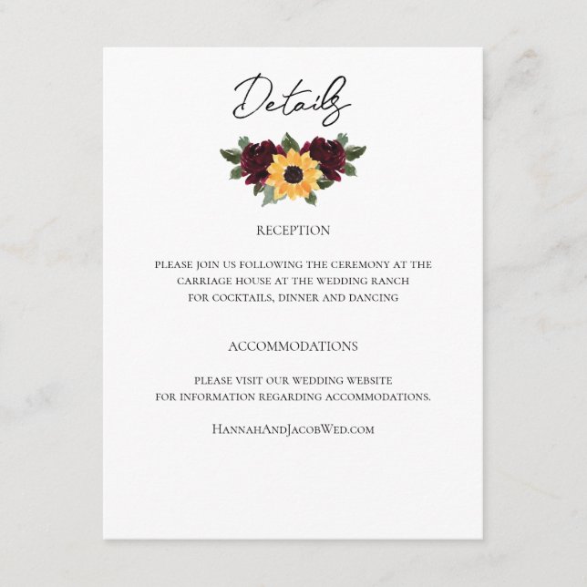 Rustic Sunflower Roses Wedding Details Enclosure Card (Front)