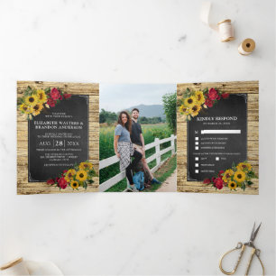 Rustic Sunflower & Roses Wedding Tri-Fold Invitation