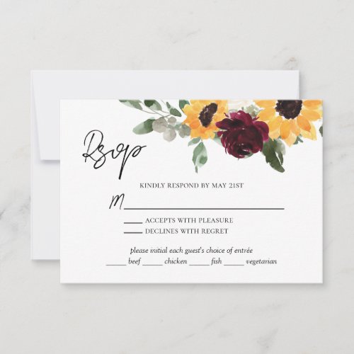 Rustic Sunflower Roses Wedding With Meal Choice RSVP Card
