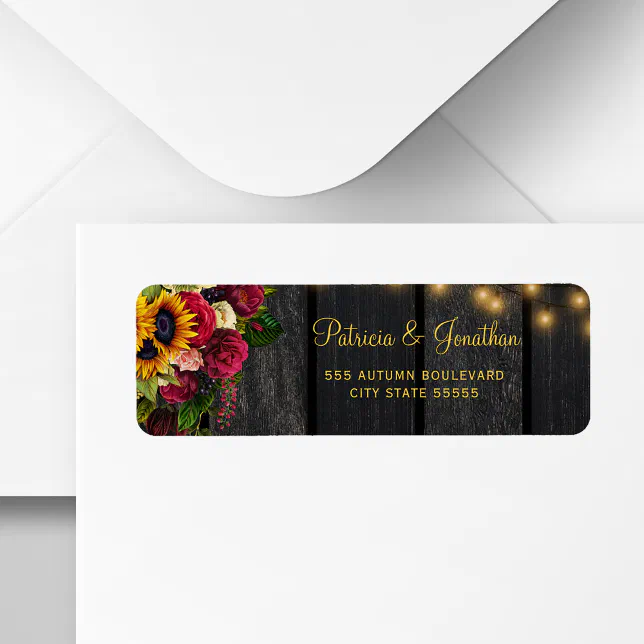 Rustic sunflower roses wedding wood return address label | Zazzle