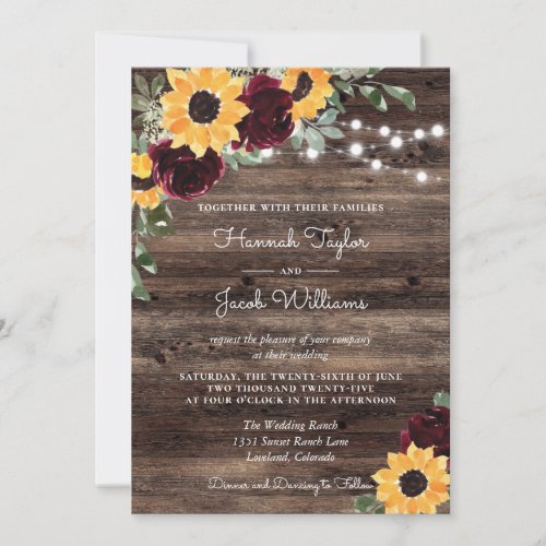 Rustic Sunflower Roses Wood String Lights Wedding Invitation
