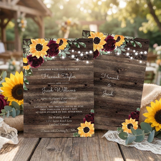 Rustic Sunflower Roses Wood String Lights Wedding Invitation (Creator Uploaded)