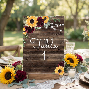 Rustic Sunflower Roses Wood Wedding Table Number