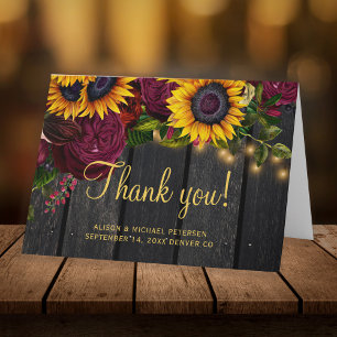 Rustic sunflower roses wood wedding thank you card
