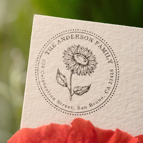 Rustic Sunflower Round Family Name Return Address Rubber Stamp