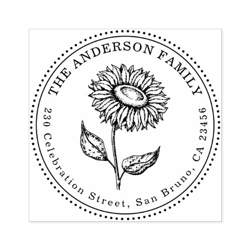 Rustic Sunflower Round Family Name Return Address Rubber Stamp