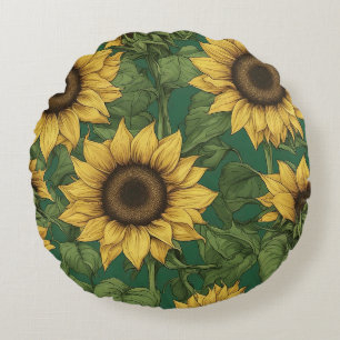 Rustic Sunflower Round Pillow - Vintage Botanical