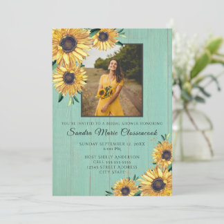 Rustic Sunflower Sage  Wood Wedding Bridal Shower Invitation