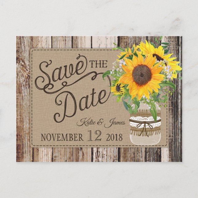 Rustic Sunflower Save the Date Announcement Postcard (Front)