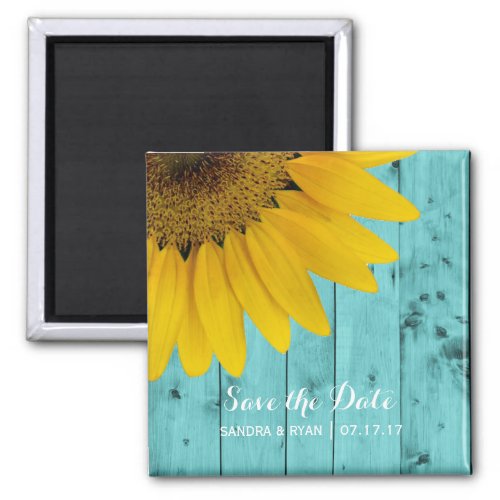 Rustic Sunflower Save the Date Turquoise Wood Magnet
