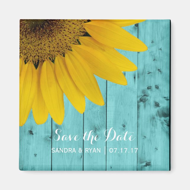 Rustic Sunflower Save the Date Turquoise Wood Magnet (Front)