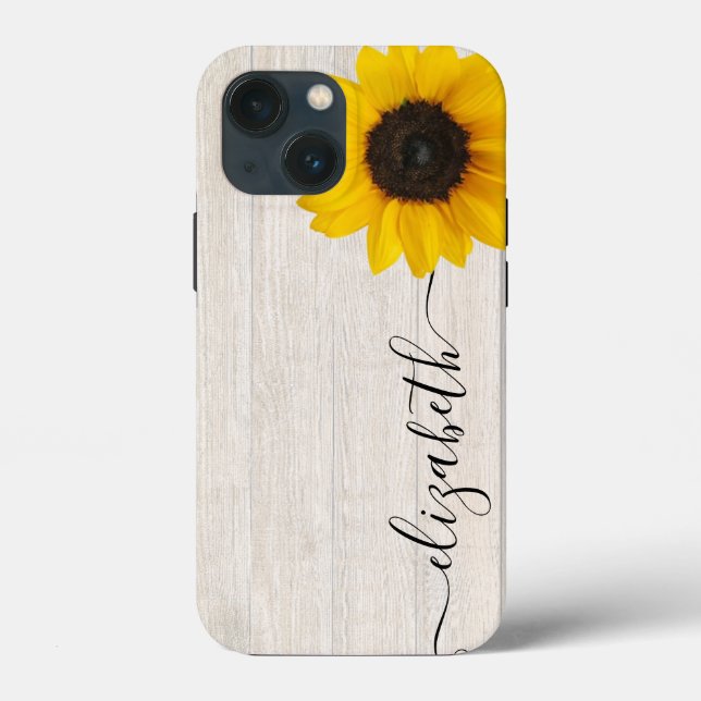 Rustic Sunflower Script Stem Name Phone Case (Back)