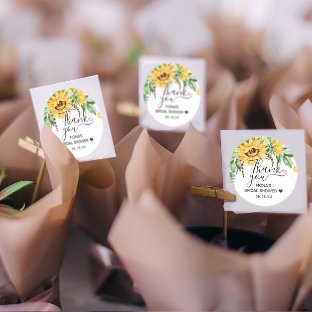 Rustic Sunflower Script Thank You Bridal Shower Classic Round Sticker (Creator Uploaded)