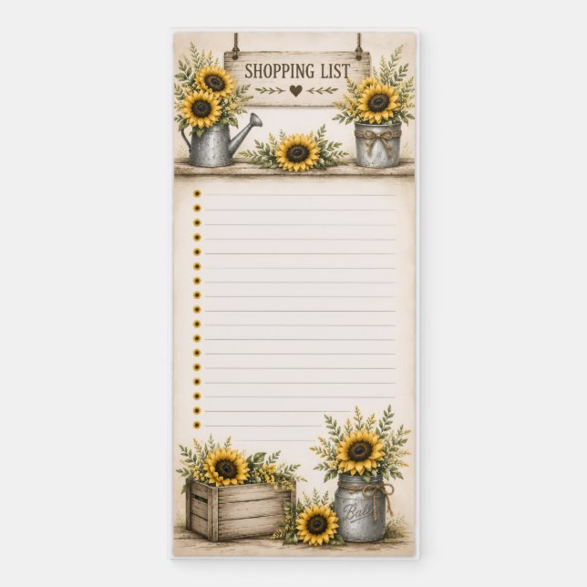 Rustic Sunflower Shopping List Magnetic Notepad (Front)
