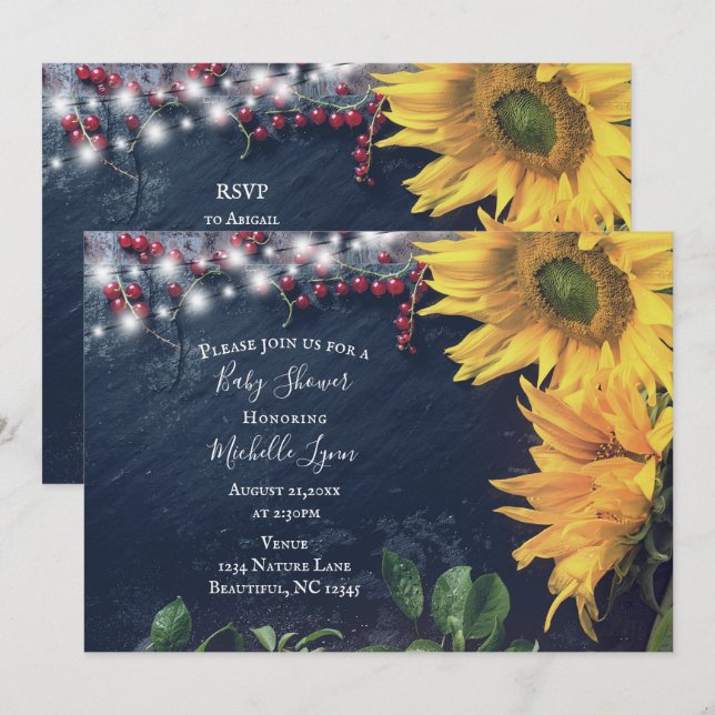 Rustic Sunflower, Slate and Lights Baby Shower Invitation (Front/Back)
